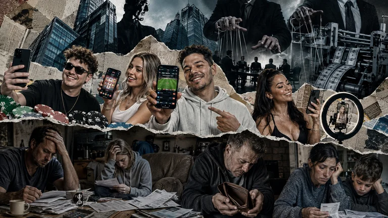 Collage-style montage shows influencers smiling and displaying betting apps, while in the background executives appear manipulating the scene and, at the bottom, people worried about bills, empty wallets and financial losses.