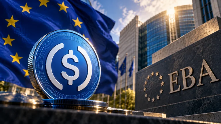 USDC coin in the foreground, with the European Union flag and the identification of the European Banking Authority (EBA) in the background.