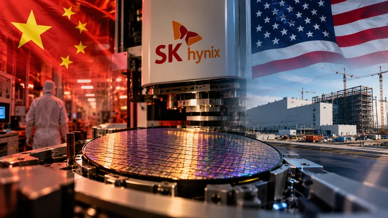 Editorial montage with a semiconductor factory, SK Hynix logo, silicon wafer, and flags of China and the United States.